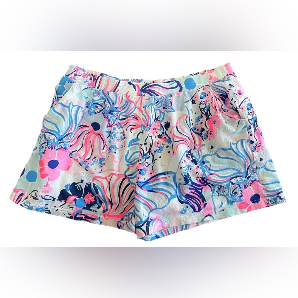 Lilly Pulitzer Girls XL Floral Shorts Pink Blue Tropical Print Pockets - Picture 2 of 7